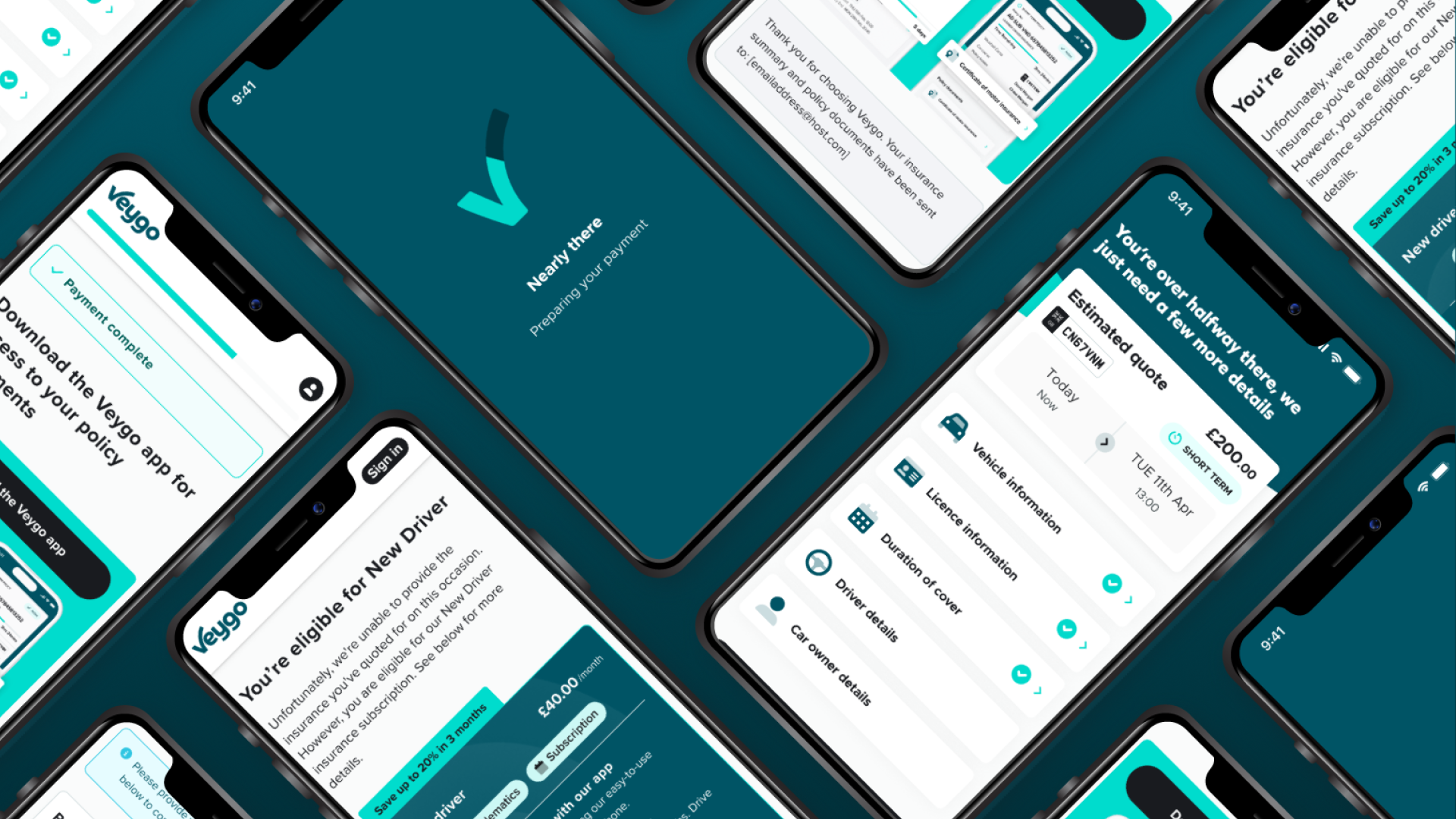 Overlapping smartphones displaying various screens from the "Veygo" insurance app