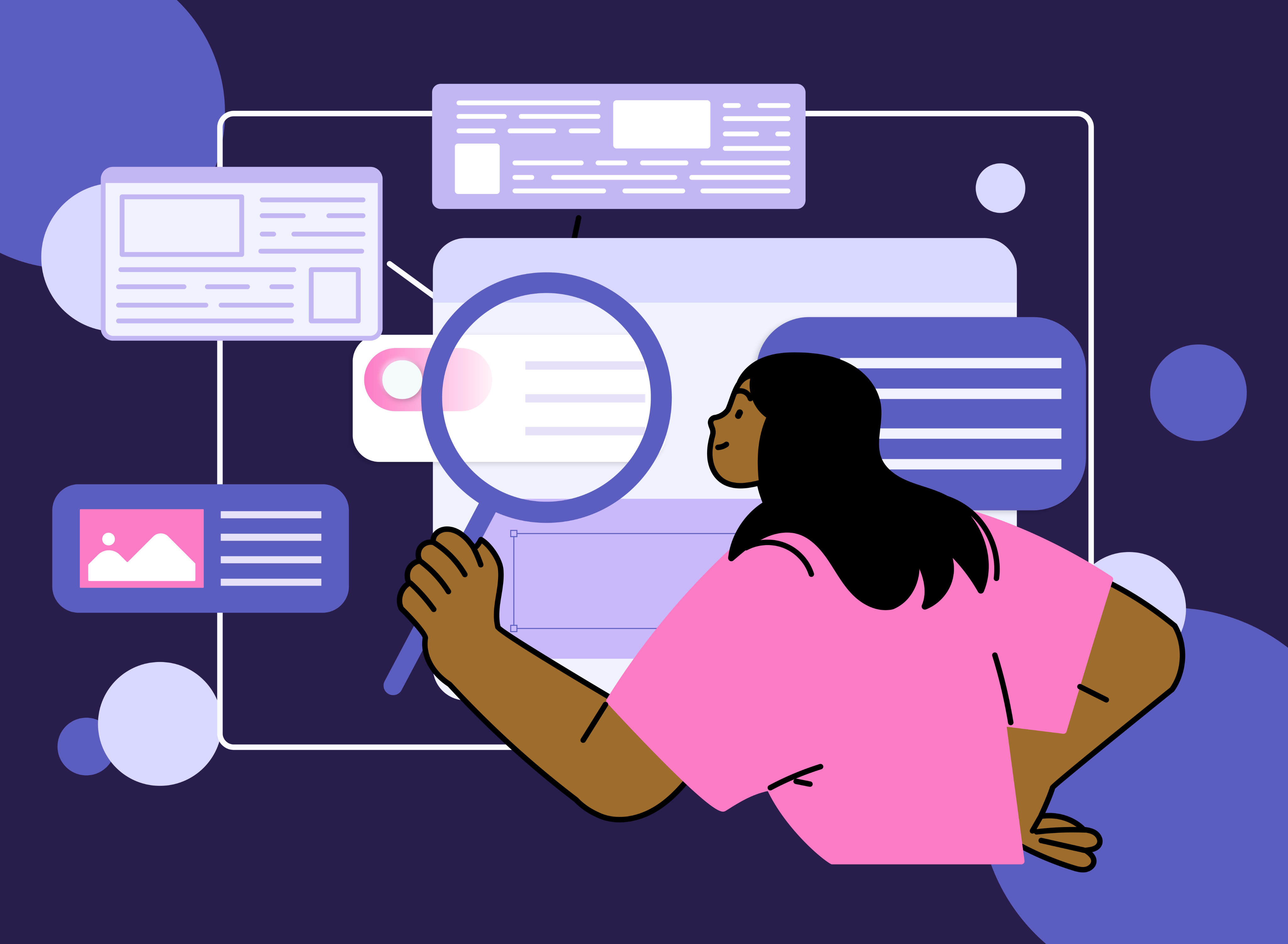 A woman in a pink shirt examines a web page layout with a large magnifying glass, surrounded by floating UI wireframe elements on a dark purple background.