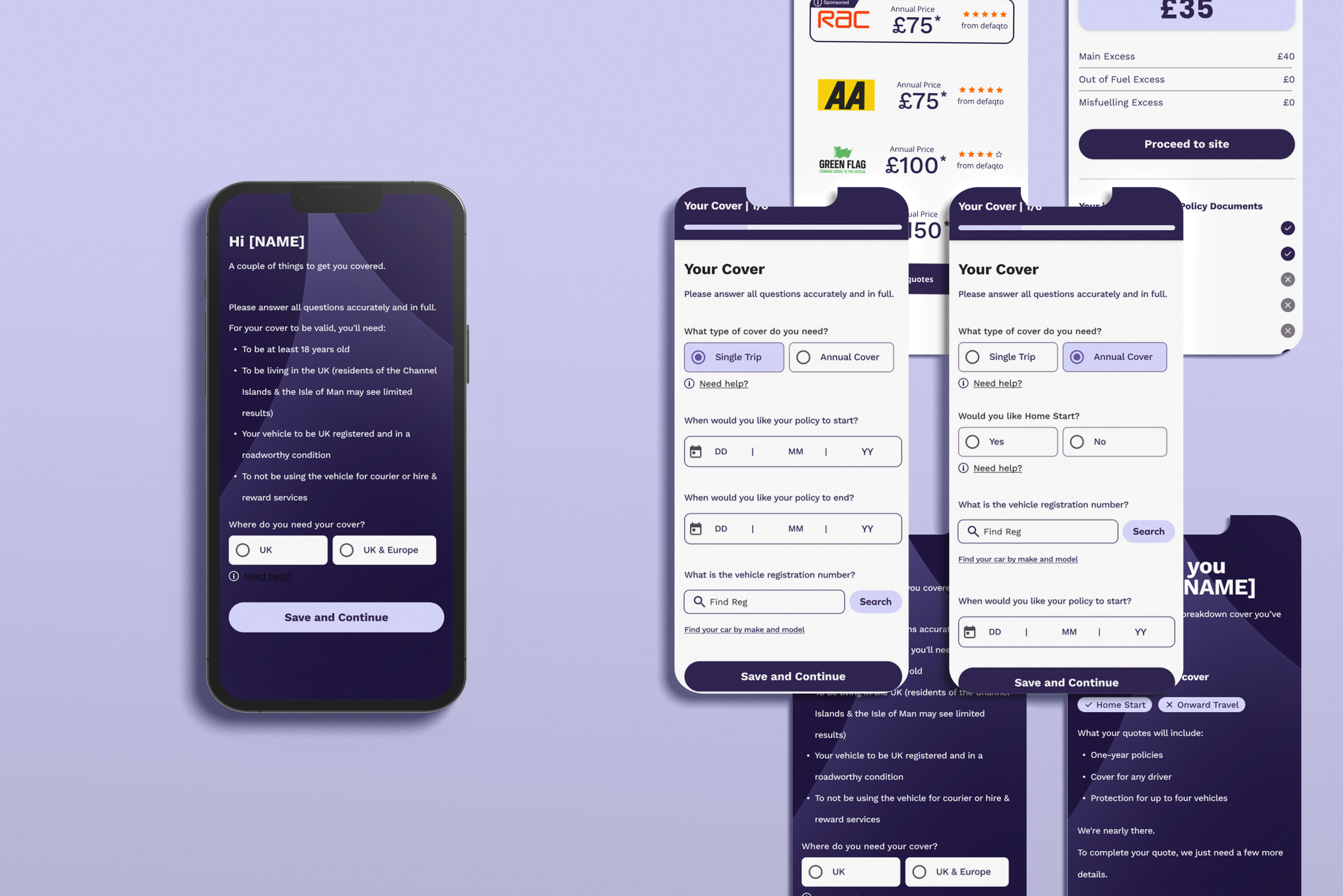 A UI mockup of an insurance website on desktop and mobile screens, featuring "Your Cover" forms and a sidebar comparing quotes from RAC and AA. The design uses a purple color scheme.