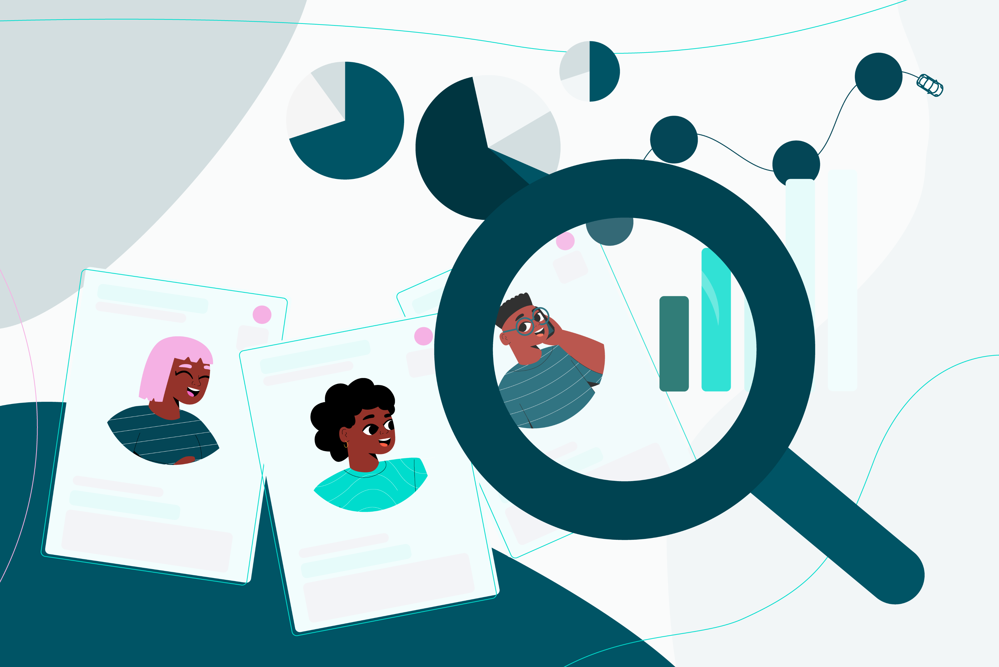 A woman looks through a large magnifying glass at profile cards and data charts, including pie and bar graphs, in a teal and white illustration.